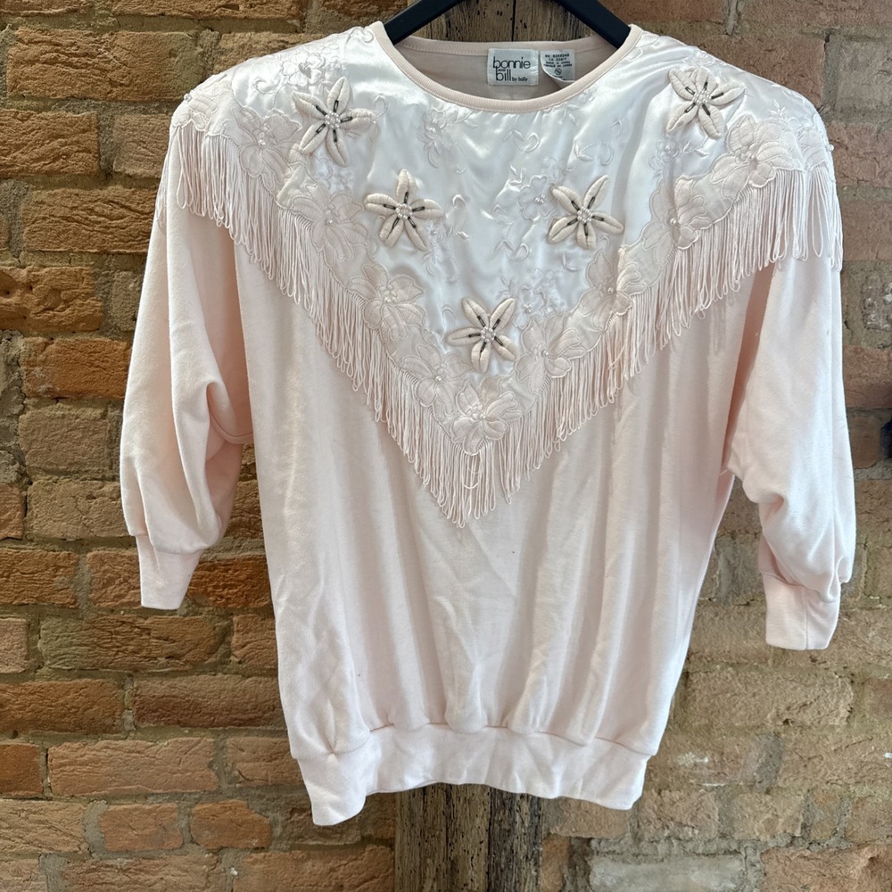 Vintage Bonnie And Bill‎ by Holly Pink Embellished Fringe Floral Sweater 70s 80s